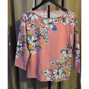 Talbots The Talbots Tee 3/4 Sleeve Floral Blouse Women's Size Large Pink